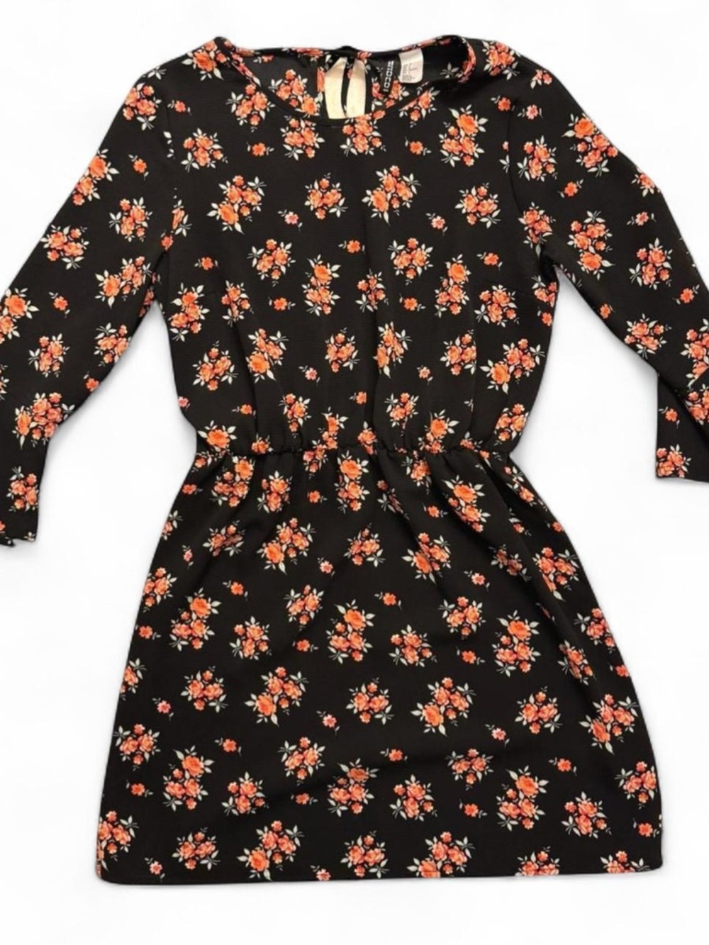 H&M Black and Pink Floral Gathered Waist Bell Sleeve Mini Dress Size 6